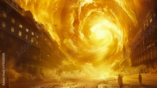 Artistic representation of a golden tornado twisting through a luxury shopping district, blending opulence with natural disaster themes