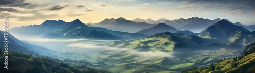 Misty mountains at sunrise, light creeping over peaks, empty landscape, remote highlands, serene and peaceful, HDR photography, avoid recognizable landmarks