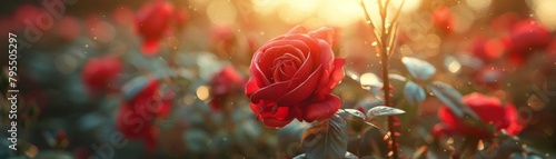 A beautiful red rose in full bloom with the sun shining down on it.