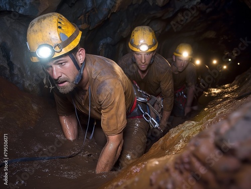 Three men in yellow helmets are climbing a muddy cave. The men are wearing harnesses and are climbing up a steep incline. The scene is intense and adventurous