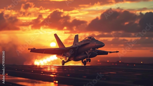 Closeup of a fighter jet taking off, afterburner glowing, from a military airbase at sunset, dramatic clouds in the sky