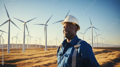 Environmental consultant at a wind farm, inspecting turbines, outdoor setting, sustainable and focused, wide environmental shot, avoid any safety violations
