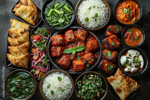 A vibrant display of Indian dishes featuring sистJournalistic photography, A platter with red sauce chicken in an iron dish.