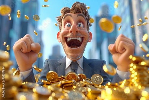 A rich man is sitting on a pile of gold coins and laughing.