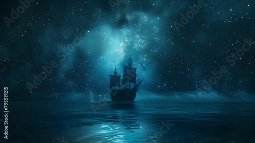 Ship Sailing into Uncharted Waters under Starry Skies,Symbolizing Journey of and Discovery