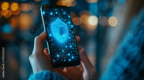 Cybersecurity: A photo of a person using a smartphone with a shield icon on the screen