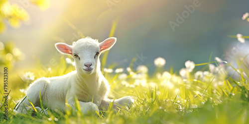 Cute little lamb on fresh spring green meadow background Juvenile Ewe Lamb Grazing in Vibrant Green Pastures Adorable spring portrait of a farm animal sheep