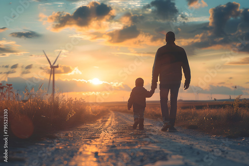 Father and son walking hand in hand, looking at the windmills at sunset, representing a family bonding and appreciation of renewable energy.