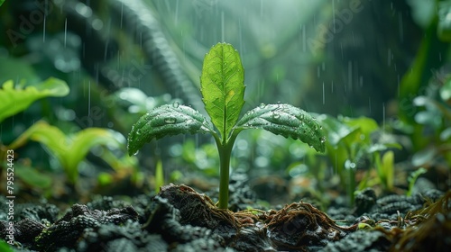  Seed sprouting with a backdrop of towering alien plant life soft rain