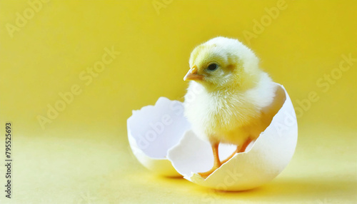 Chick in an eggshell on a yellow background, illustration.