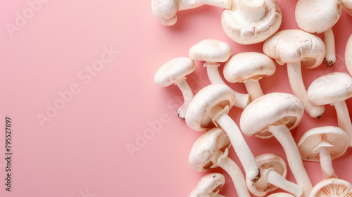 Cluster of white mushrooms on pink background