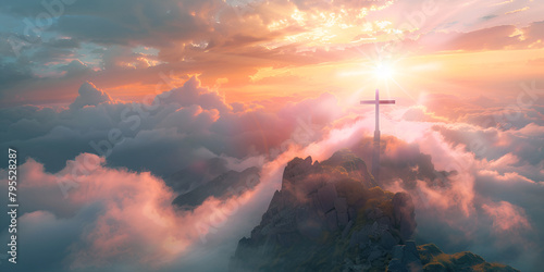 Holy cross symbolizing crucifix at the top of mountain with sunlight background