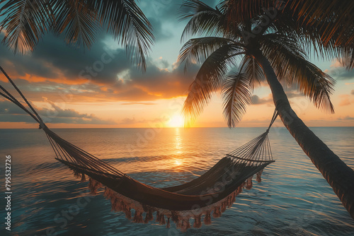 a hammock strung between two palm trees on the beach at sunset