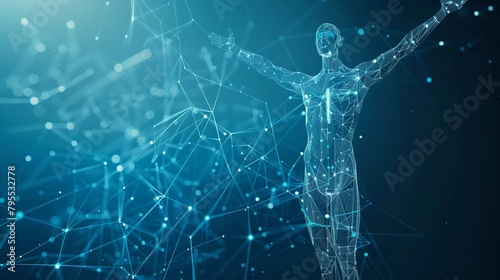 Digital Vitruvian Human: Da Vinci Anatomy Body Abstract Technology Blue Background