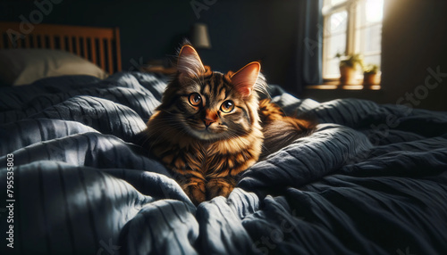 An adorable brown tabby cat with striking markings and bright amber eyes, lounging on a rumpled navy blue duvet in a cozy bedroom