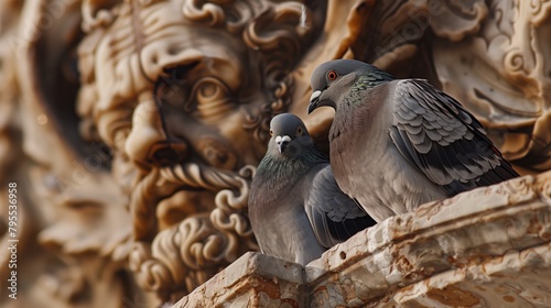 Pigeons Nestling on Historic Architecture