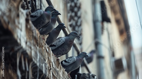 Pigeons on Ledge Overlooking Urban Scene