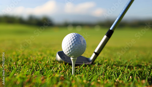Golf ball on tee and golf club ready for a swing on a green grassy field.