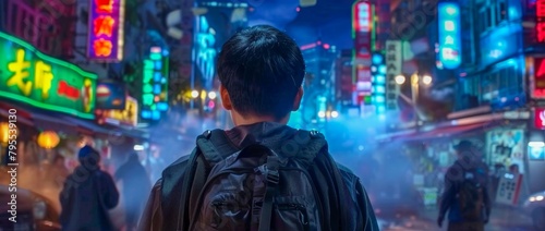 A man standing with his back turned in a busy Asian city street with neon lights.