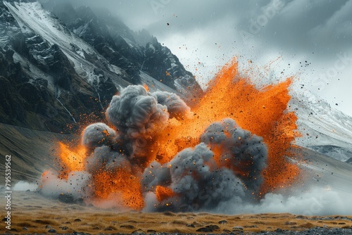 A dynamic and powerful image of a volcanic eruption with intense orange magma exploding against a harsh mountain backdrop