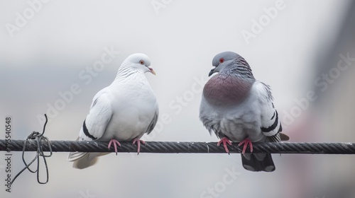White and Gray Pigeons Perched on Cable