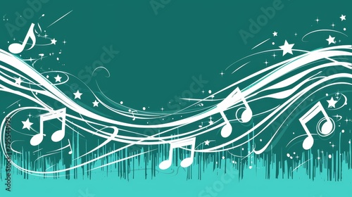  A music background with musical notes against a blue backdrop, accented by white swirls and stars On a separate layer, there's a green backdrop adorned with