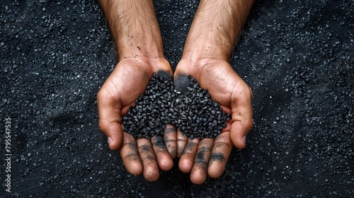  A person's hands hold a handful of black seeds against a dark surface, speckled with dirt