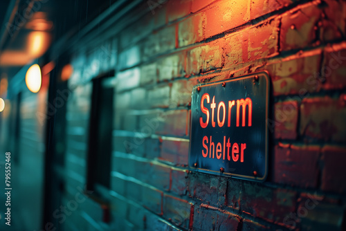 Storm shelter sign on building during rainy night with blurred street lights in background