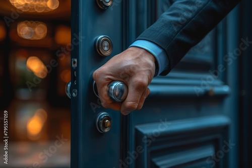 A close-up image capturing a person's hand as they reach to open a door, focusing on the hand and door knob