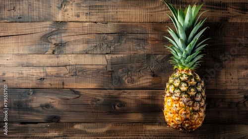 Whole pineapple on a rustic wooden surface.