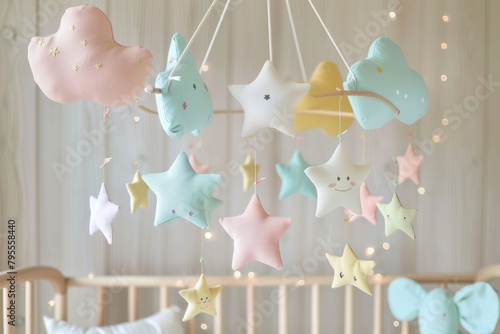 A colorful mobile with stars and clouds hanging from a wooden crib. The mobile is designed to entertain and soothe babies