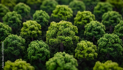 Aerial top view of green trees in forest. Drone view of dense green tree captures CO2. 