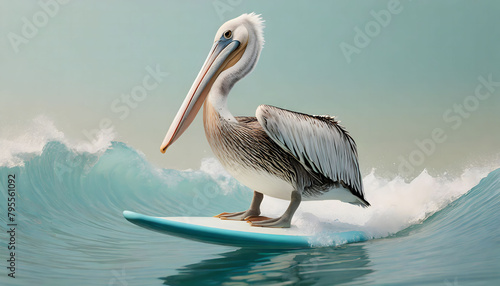 Pelican Riding Wave on Surfboard