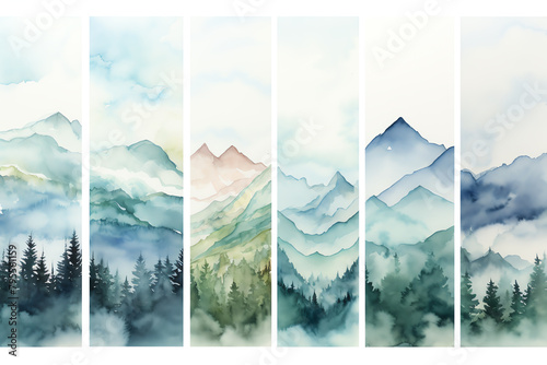Mountain Landscape Watercolor Soft watercolor paintings of serene mountain vistas, suitable for travel journals, wall art, or mindfulness meditation apps