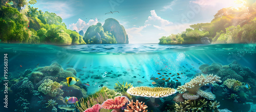 A beautiful underwater scene with clear blue water, lush greenery and colorful coral reefs, a tropical island in the background