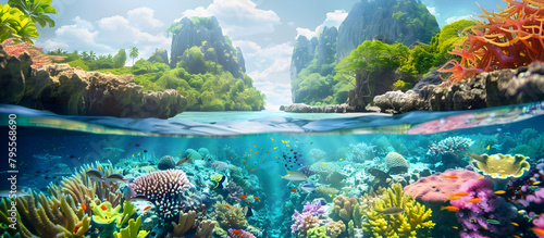 A split scene showing the underwater world of coral reefs and tropical islands, showcasing vibrant colors and marine life