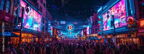 A lively street festival celebrating Bitcoin culture with a halving countdown stage set for a midnight celebration.