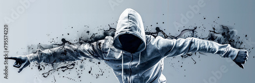 energetic and dynamic illustration of a man performing an element of breakdancing and parkour with movements and flashes of light. Concept: youth cultural events, sports equipment. grunge style