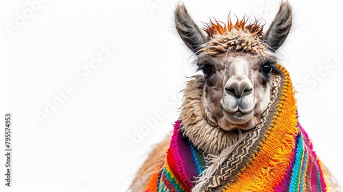Cheery llama in a colorful poncho stands tall on a pure white backdrop