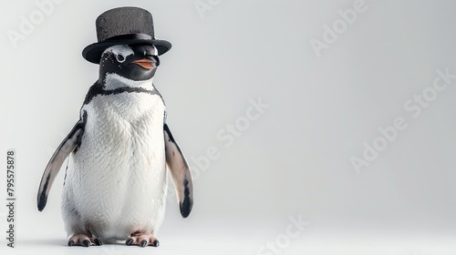 Jolly penguin in a bowler hat waddles proudly against a pristine white setting