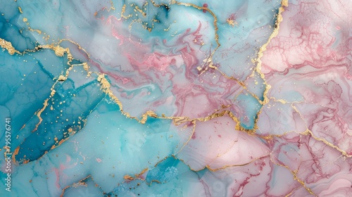 Luxurious marble texture illustration in turquoise and pink, enhanced with beautifully cracked gold lines for a refined appearance