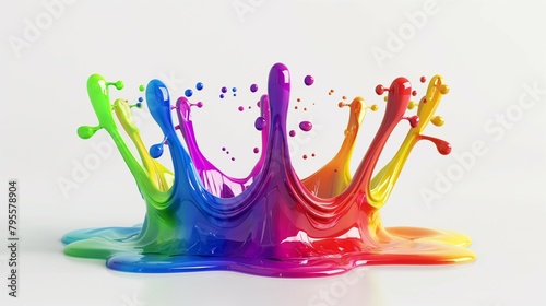Rainbow color paint liquid, waterdrop crown-shaped motion splashes, 3d render