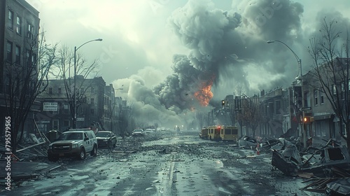 Devastation in cityscape: emergency vehicles amidst rubble and smoke