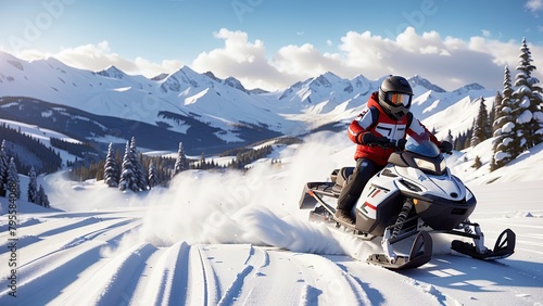 illustration Style Man driving snowmobile in winter mountain