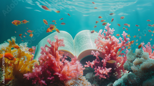 Underwater study paradise with open book surrounded by coral and fish