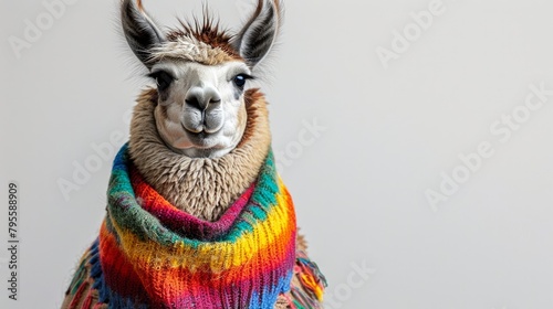 Cheery llama in a colorful poncho stands tall on a pure white backdrop