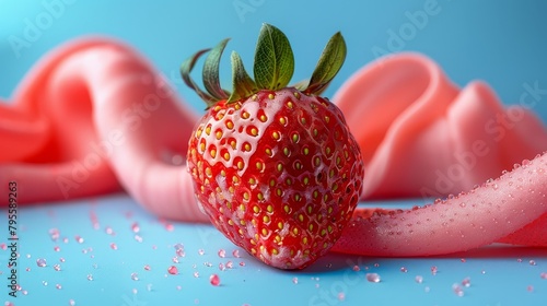 Imaginative twist on a strawberry, depicted with a gum-like stretch, creating a vibrant visual pun on flavors and textures