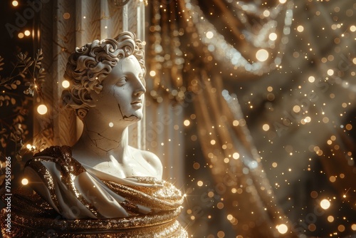 Luxurious still life of a classical bust beside an ornate column, bathed in golden glitter, capturing the essence of eternal beauty and grandeur