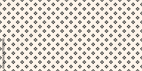 Simple minimalist monochrome floral pattern. Vector minimal seamless texture with small flower shapes, leaves, petals. Abstract black and white geometric background. Repeated design for print, package
