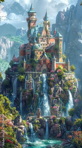 Create a digital painting of a fantasy castle, viewed from above as if flying over it, with each tower and turret meticulously detailed and the surrounding landscape stretching out into the distance 8